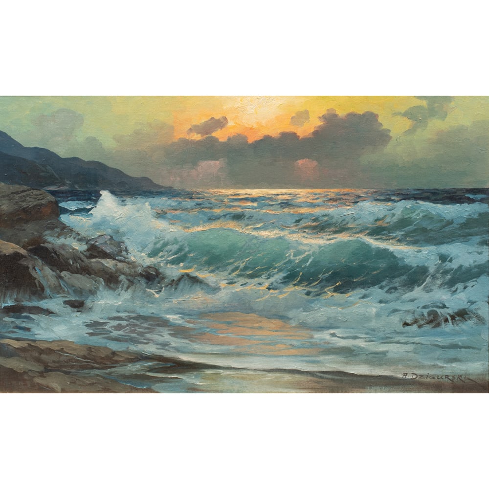 Painting, Alexander Dzigurski: Alexander Dzigurski (Yuguslovian/American, 1911-1995), Coastal Nocturne, oil on canvas, signed lower right, canvas: 24"h x 36"w, overall (with frame): 30.75"h x 42.75"w