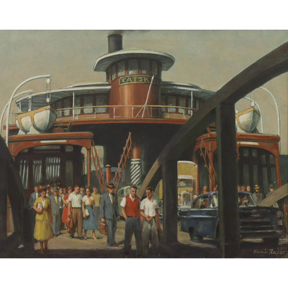 Painting, Fermin Rocker: Fermin Rocker (British, 1907-2004), "Weehawken Ferry," oil on canvas, signed lower right, titled verso, canvas: 24"h x 30"w, overall (with frame): 29"h x 35"w