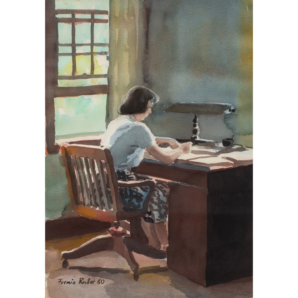 Watercolor, Fermin Rocker: Fermin Rocker (British, 1907-2004), Untitled (Woman at her Desk), 1960, watercolor, signed and dated lower left, sight: 20"h x 40"w, overall (with frame): 28"h x 21"w