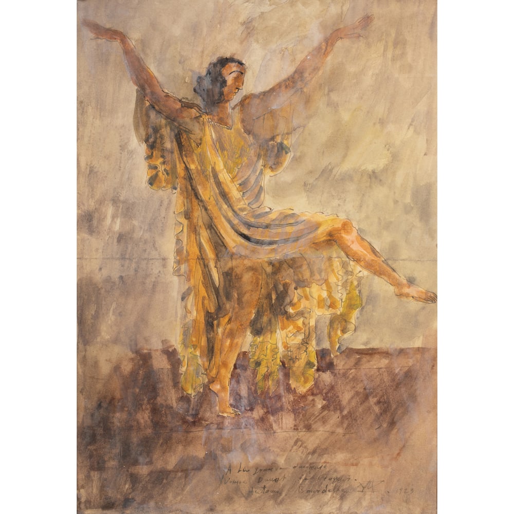 Watercolor, Emile Antoine Bourdelle: Emile Antoine Bourdelle (French, 1861-1929), Dancer, 1923, watercolor and pencil, signed, monogrammed, dated and dedicated to 'The Great Dancer Yvonne Daunt' lower right, sight: 12.5"h x 9"w, overall