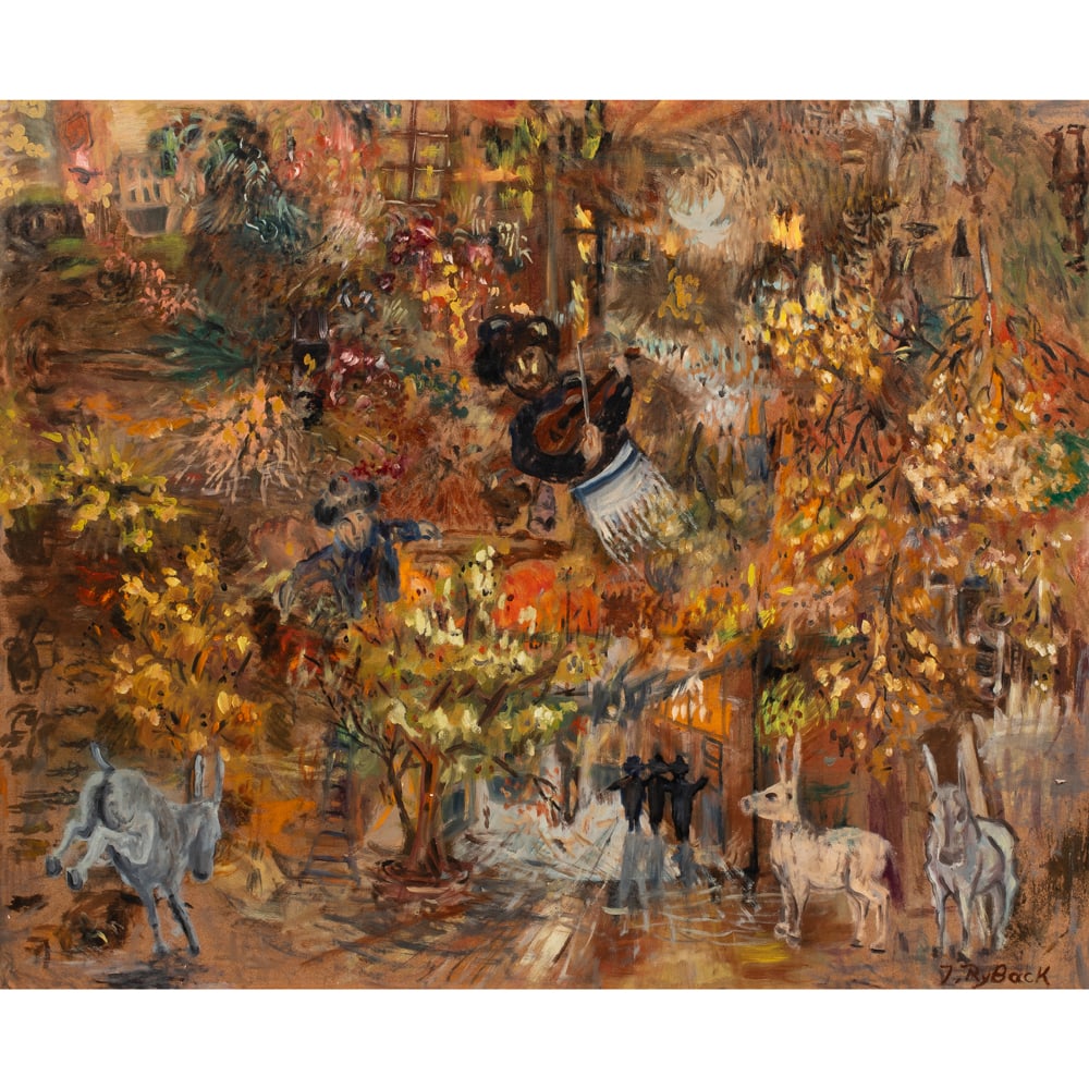 Painting, Issachar Ber Ryback: Issachar Ber Ryback (Ukrainian, 1897-1935), Untitled, (Fiddler with Donkeys/Street Scene), doublesided oil on board, signed lower right, board: 24"h x 30"w, overall (with frame): 34.75"h x 28.75"w