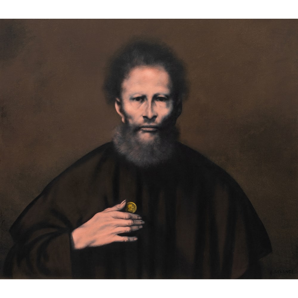 Painting, Rafael Coronel: Rafael Coronel (Mexican, 1932-2019), "La Moneda, Recuerdo de Espana" (The Coin, Souvenir from Spain), acrylic on canvas, signed lower right and titled on the stretcher bar, canvas: 27.75"h x 31.5"w,
