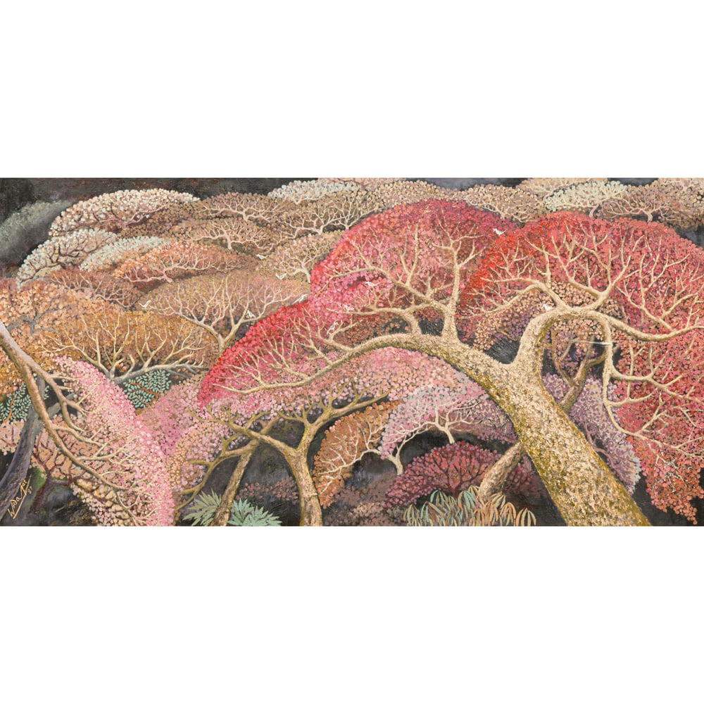 Painting, Haji Widayat: Haji Widayat (Indonesian, 1919-2002), Untitled (Flowering Trees and Birds), 1987, oil on canvas, signed and dated, lower left, canvas: 24"h x 48"w, overall (with frame): 32.25"h x 56.25"w