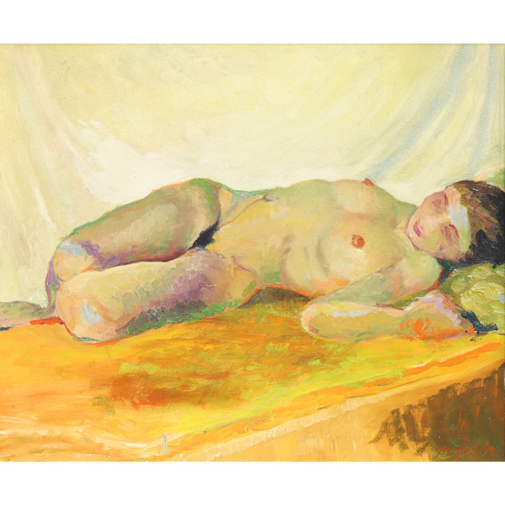 Painting, George Benjamin Luks: George Benjamin Luks (American, 1866-1933), Reclining Nude, oil on canvas (affixed to board), signed lower right, canvas: 20"h x 24"w, overall (with frame): 27"h x 31"w