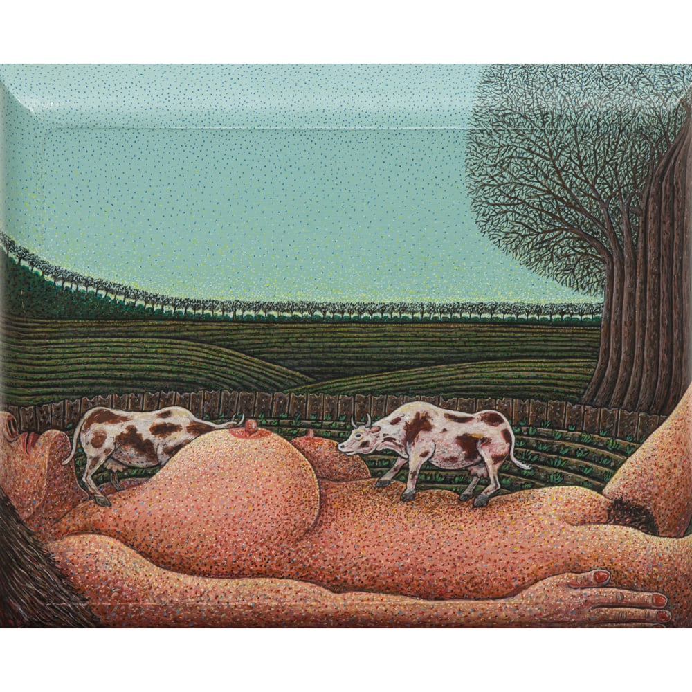 Painting, Steve Bermam: Steve Bermam (American, 20th century), "Two Kansas Cows Discussing the Origin of Milk," 1973, oil on masonite, signed, titled and dated verso, overall (with artist's painted frame): 10.5"h x 13"w