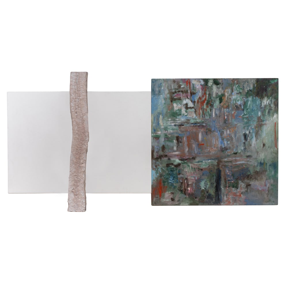 Mixed Media, David Trowbridge: David Trowbridge (American, 1945-2009), "Psalm #82" 1987, mixed media with oil on canvas affixed to panels and wood detail, signed, titled and dated veros, overall (unframed): 42"h x 83"w