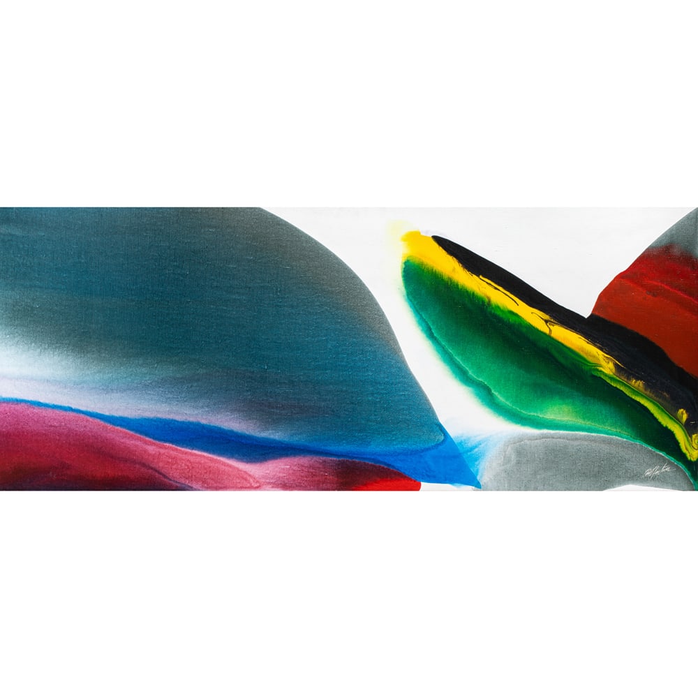 Painting, Paul Jenkins: Paul Jenkins (American, 1923-2012), "Phenomena Ground Swell," 1974, oil on canvas, signed lower right and signed, titled and dated verso, canvas: 31"h x 74.75"w, overall (with frame): 32.5"h x 76"w