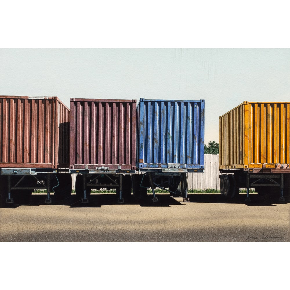 Watercolor, James Torlakson: James Torlakson (American, b. 1951), "Four Containers," 1987, watercolor, signed lower right, gallery label (John Berggruen Gallery, San Francisco, CA) affixed verso, sight: 11"h x 16"w, overall (with
