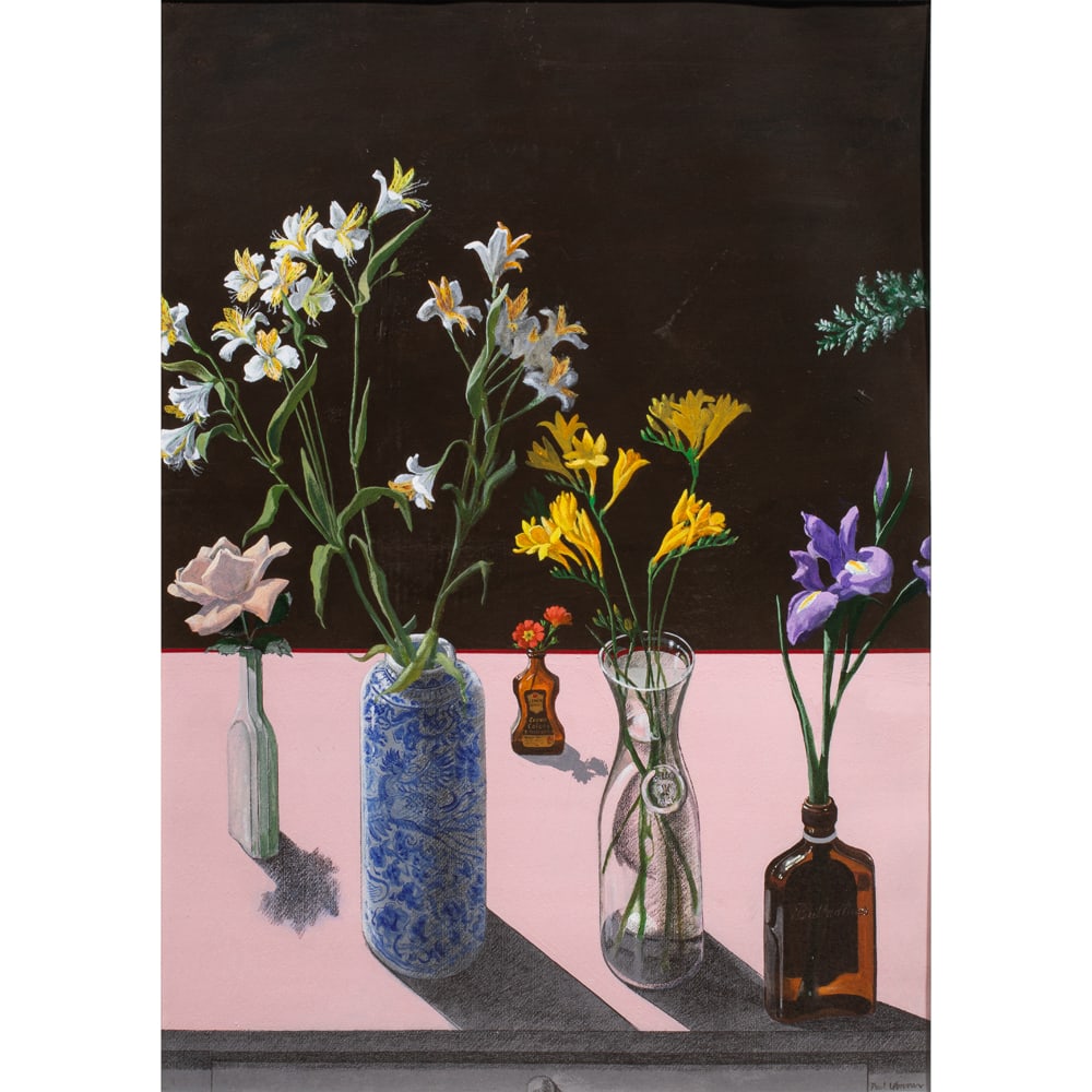 Painting, Paul Wonner: Paul Wonner (American, 1920-2008), "Study for Still Life with Flowers in Bottles and Jars," 1980, acrylic on paper, signed lower right, gallery label (John Berggruen Gallery, San Francisco, CA) affixe