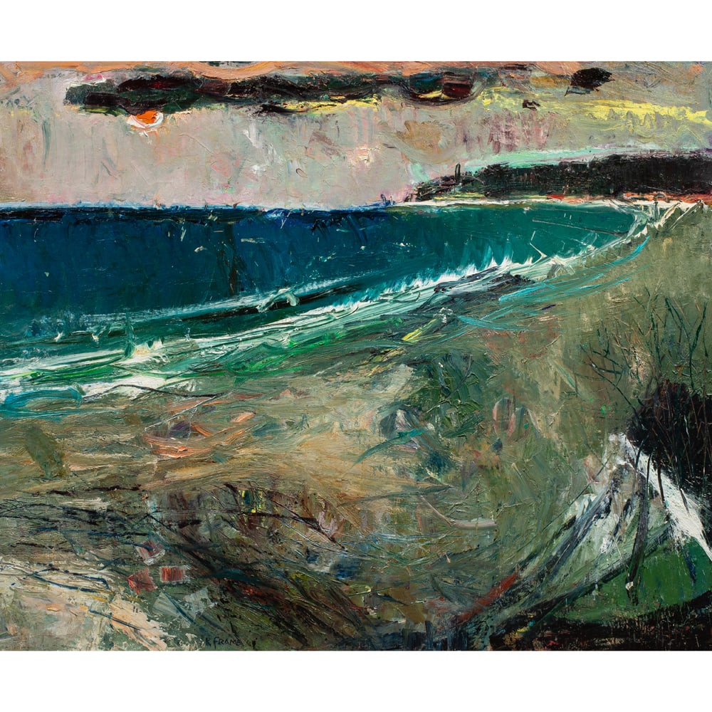 Painting, Robert Frame: Robert Frame (American, 1924-1999), "Sunset Beach," 1969, oil on canvas, signed and titled verso, inscribed "Ankrum Gallery" verso, canvas: 40"h x 48"w, overall (with frame): 45.25"h x 53.25"w