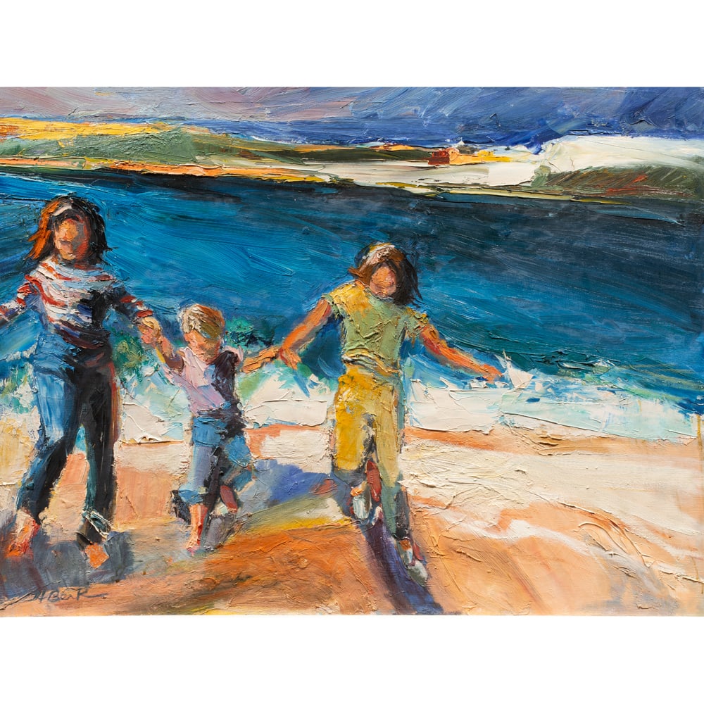Painting, Henrietta Berk: Henrietta Berk (American, 1919-1990), "Racing the Tide," oil on canvas, signed lower left and signed and titled on the stretcher bar, canvas: 36"h x 48"w, overall (with frame): 37.5"h x 49.25"w