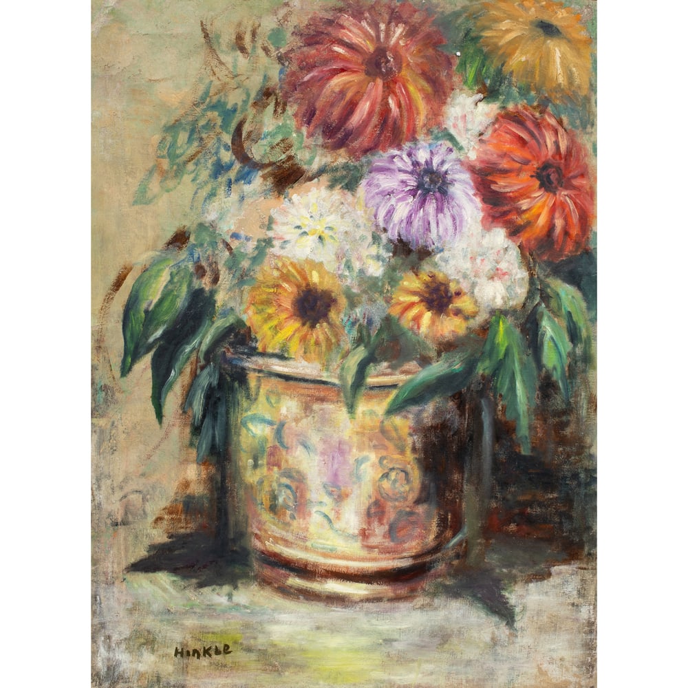 Painting, Clarence Hinkle: Clarence Hinkle (American, 1880-1960), "Flower Vase," oil on canvas affixed to board, signed lower left and titled on label verso, board: 24"h x 18"w, overall (with frame): 26.75"h x 20.75"w