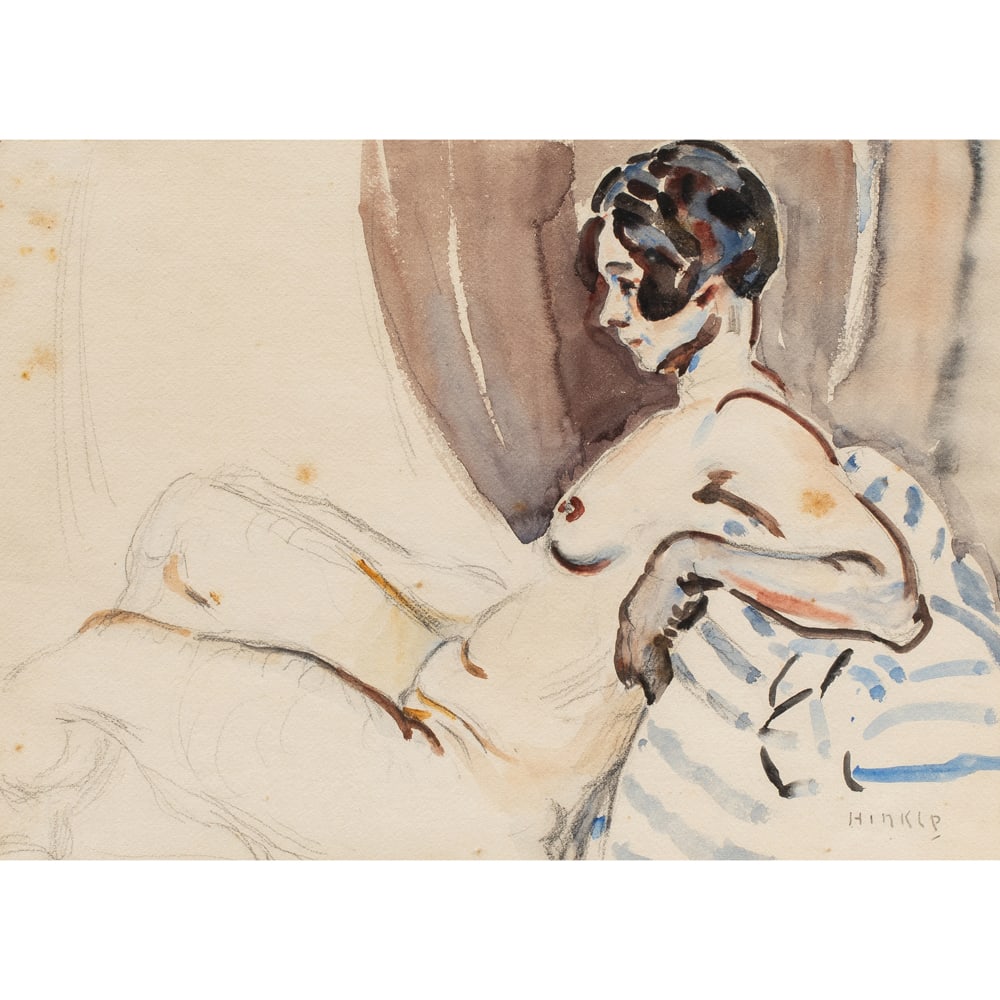 Watercolor, Clarence Hinkle: Clarence Hinkle (American, 1880-1960), Nude, watercolor, signed lower right and titled on label verso, sight: 9.75"h x 13.5"w, overall (with frame): 17.25"h x 20.75"w