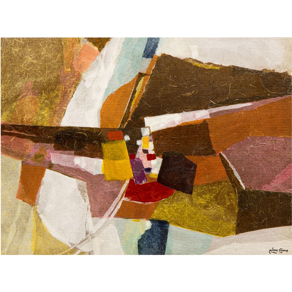 Collage, Jared Young Chong: Jared Young Chong (American, 1904-1990), Soft Intersections, 1974, rice paper collage, signed and dated lower right, dated verso, board: 35.75"h x 47.75"w, overall (with frame): 37.25"h x 49.25"w