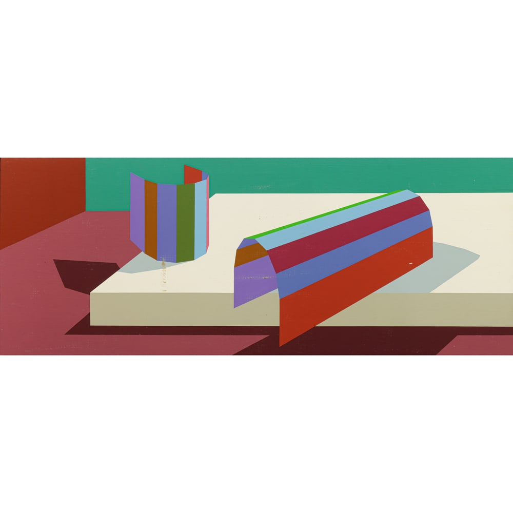 Painting, Ronald Davis: Ronald Davis (American, 1937-2025), "#419 C Shape Duet," 1973, copolymer on linen affixed to board, signed and titled to artist studio label verso, exhibition label ("Ronald Davis: Paintings