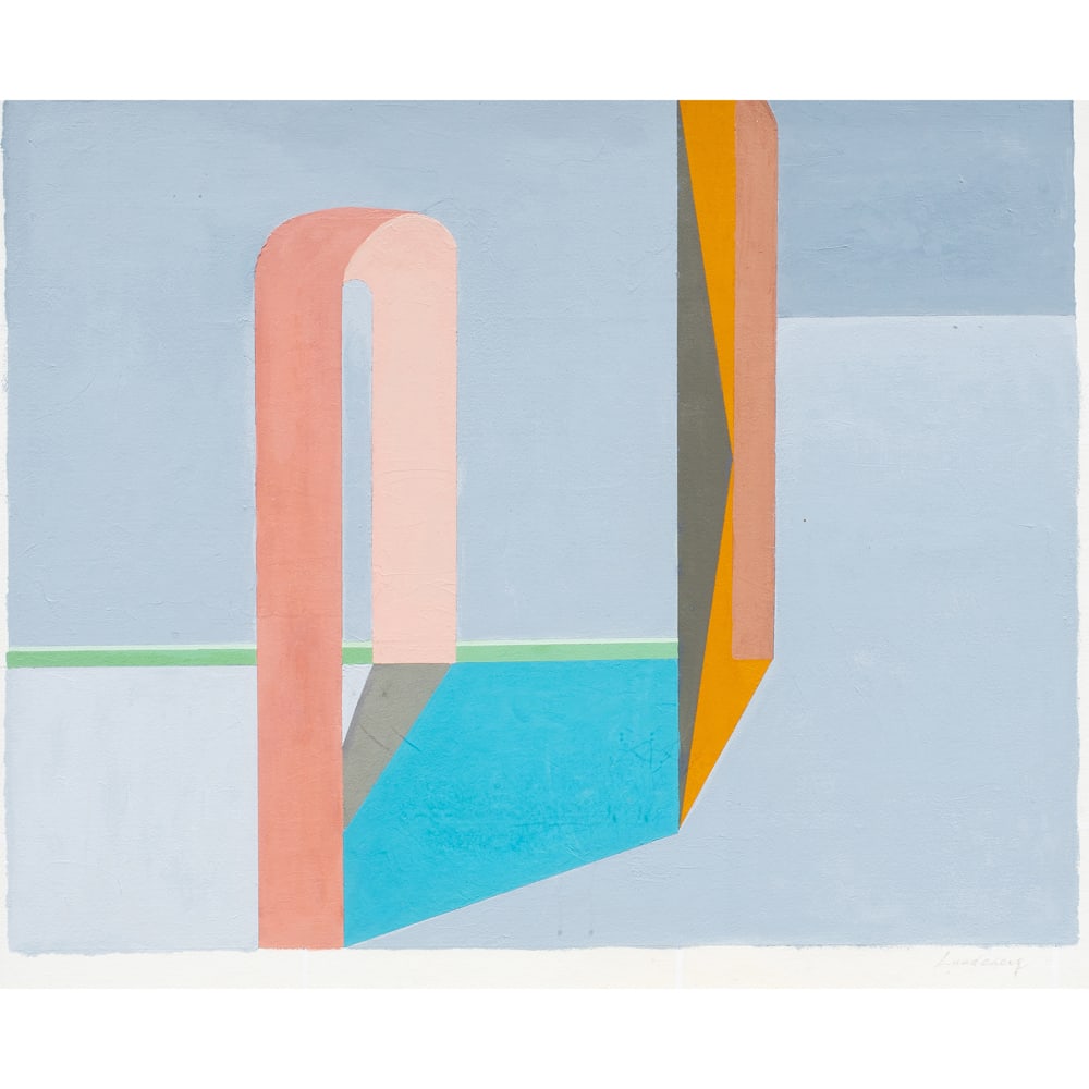 Work on paper, Helen Lundeberg: Helen Lundeberg (American, 1908-1999), Abstract with Architectural Elements, acrylic on paper, signed lower right, image: 20"h x 25.5"w, overall (with frame): 32"h x 37"w