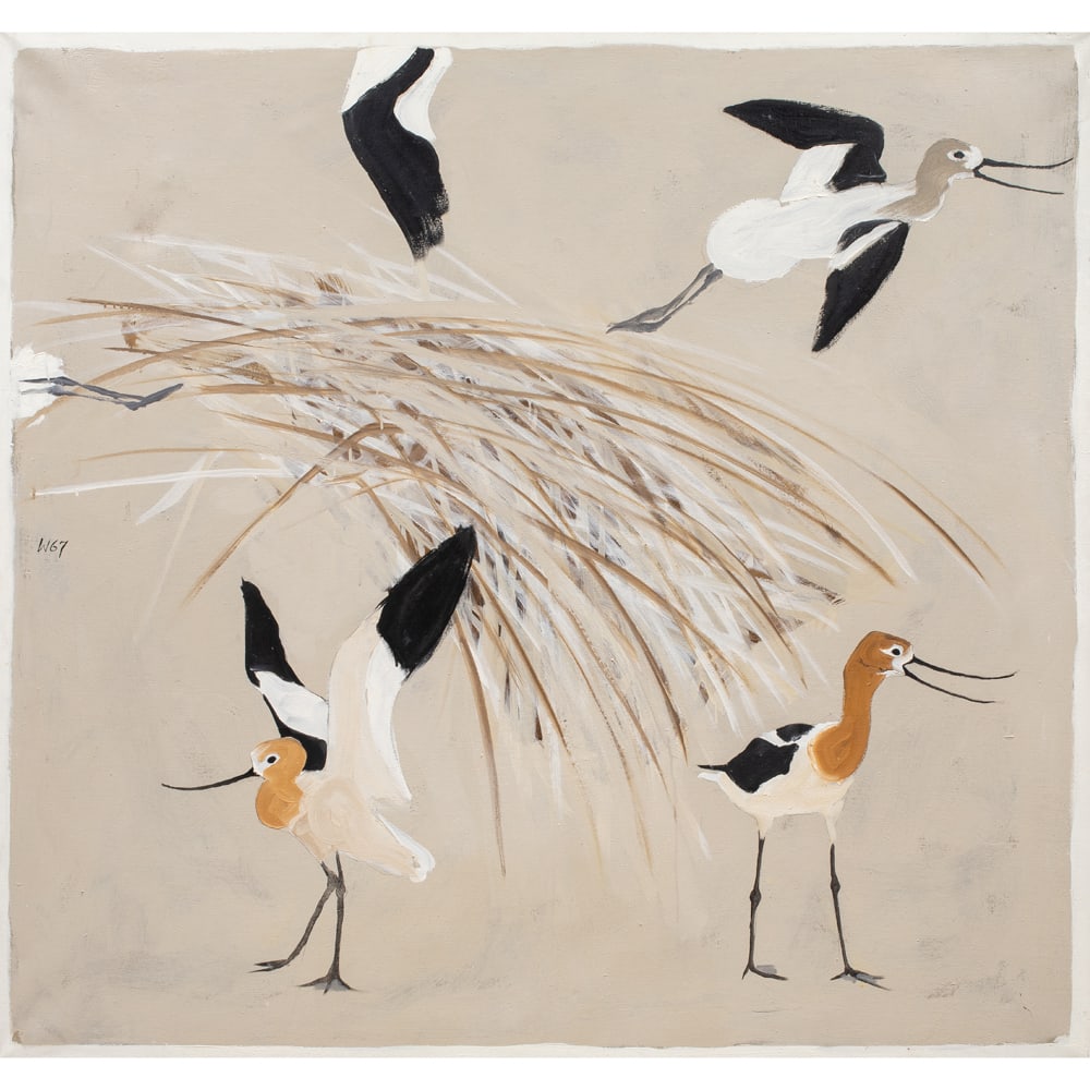 Painting, Bryan Wilson: Bryan Wilson (American, 1927-2002), "Avocets Shrieking," 1967, oil on canvas, initialed and dated center left, titled and signed verso, gallery label (Gump's, San Francisco, CA) affixed verso,