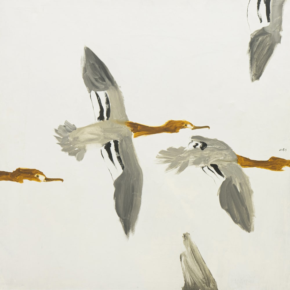 Painting, Bryan Wilson: Bryan Wilson (American, 1927-2002), Untitled (In Flight), 1964, oil on canvas, initialed and dated center right, sight: 40.75"h x 40.75"w, overall (with frame): 41.5"h x 41.5"w