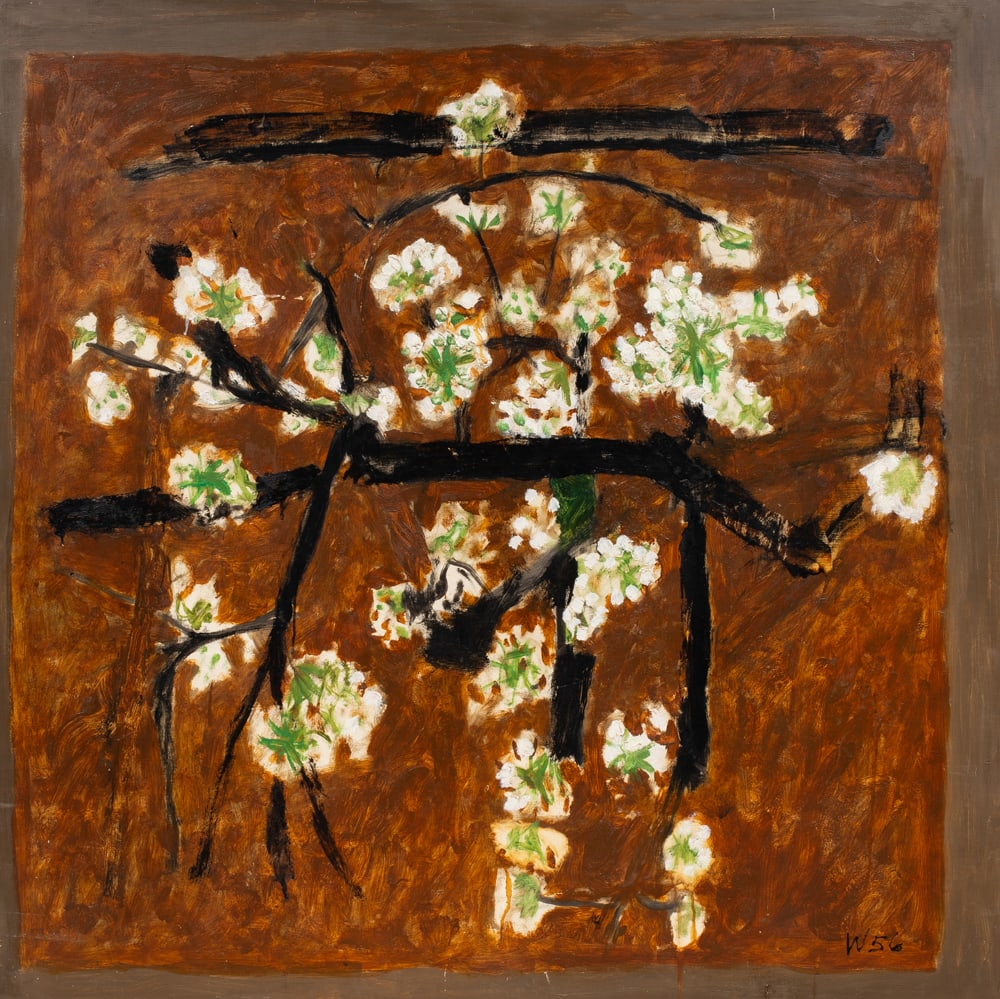 Painting, Bryan Wilson: Bryan Wilson (American, 1927-2002), "Blossoms," 1956, oil on masonite, initialed and dated lower right, gallery label (Gump's, San Francisco, CA) affixed verso, board: 48"h x 48"w, overall (with