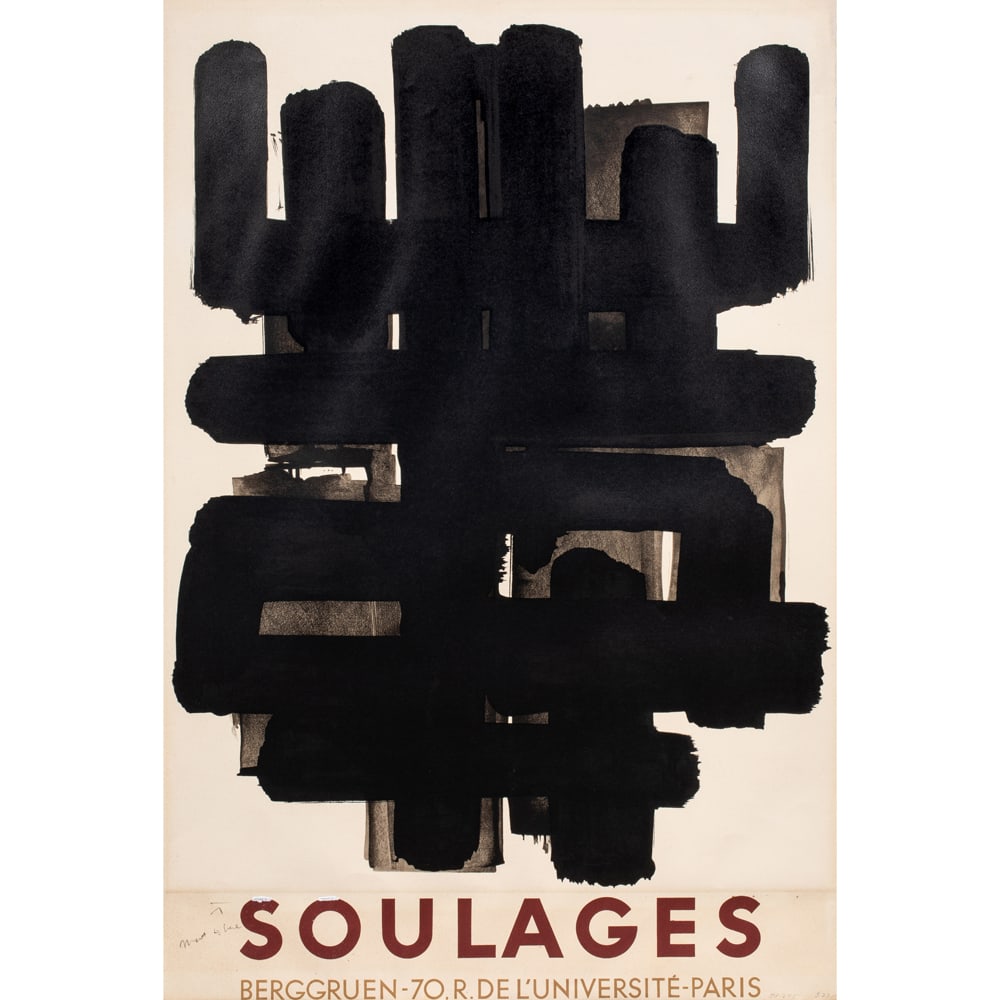 Print, Pierre Soulages: Pierre Soulages (French, 1919-2022), "Lithographie No. 3" Berggruen Paris Poster, 1958, lithograph, unsigned, image: 25.5"h x 19"w, overall (with frame): 32.25"h x 25"w