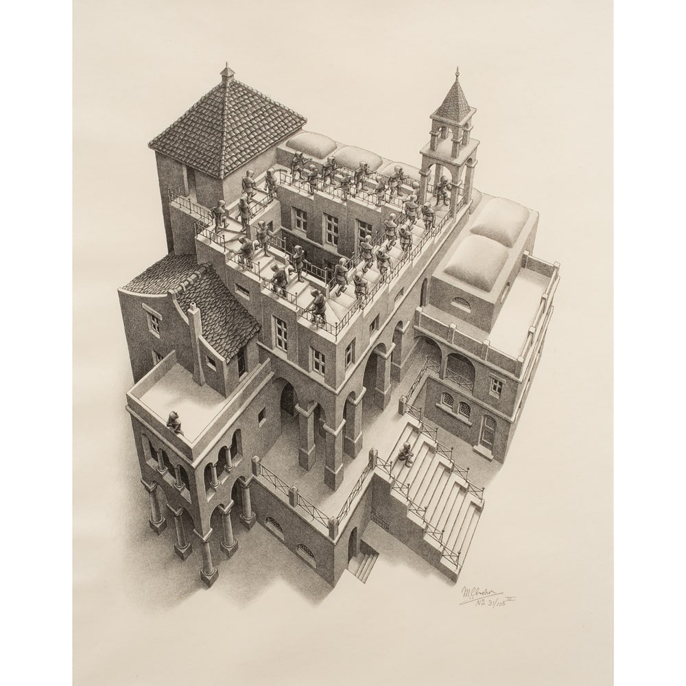 Print, M.C. Escher: Maurits Cornelis (M.C.) Escher (Dutch, 1898-1972), "Ascending and Descending," 1960, lithograph on wove paper, signed in pencil lower right, inscribed III, edition 31/108, cat ref: Bool, 435, image: