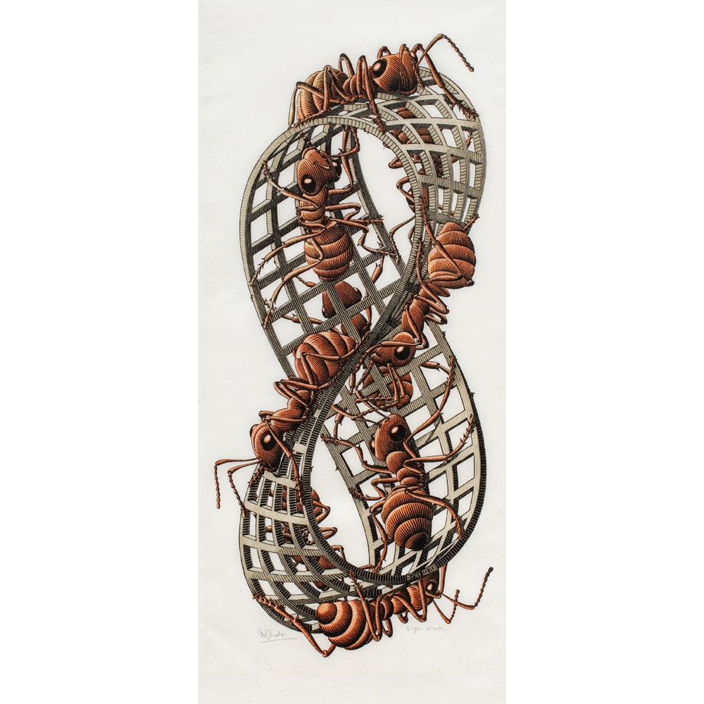 Print, M.C. Escher: Maurits Cornelis (M.C.) Escher (Dutch, 1898-1972), "Mobius Strip II (Red Ants)," 1963, woodcut in colors on Japan paper, signed in pencil lower left, inscribed in pencil lower right, cat ref: Bool