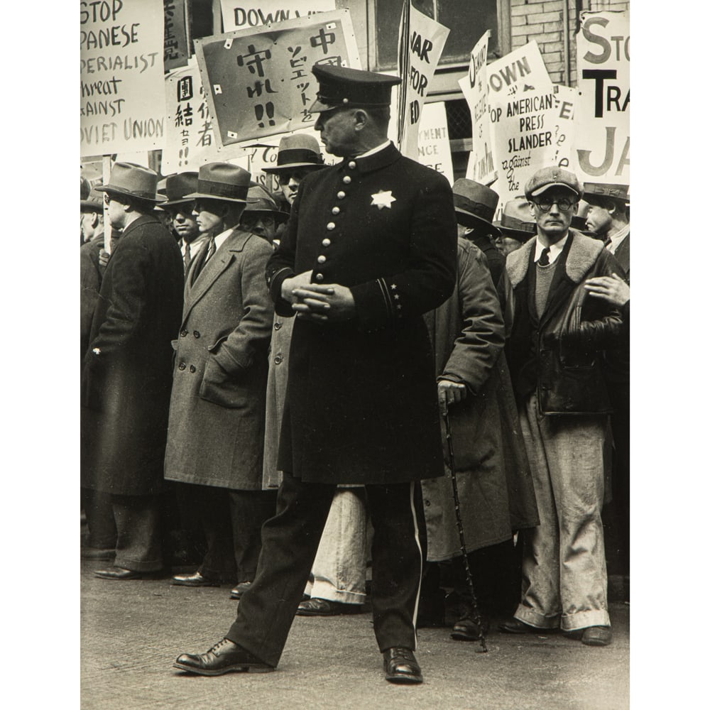 Photograph, Dorothea Lange: Dorothea Lange (American, 1895-1965), "Street Demonstration, San Francisco, 1933-34," gelatin silver print, unsigned, sheet: 19.5"h x 15.25"w, overall (with mat, unframed): 26"h x 20"w. Provenance: