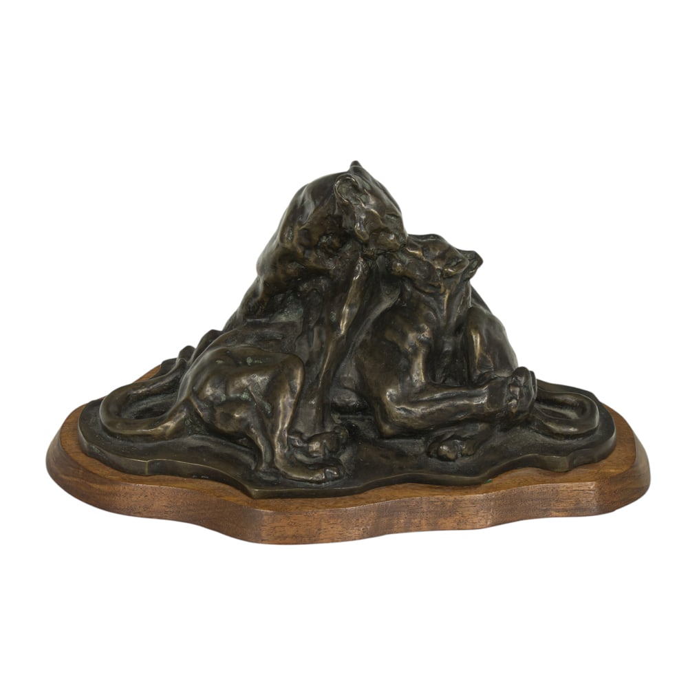 Sculpture, Arthur Putnam: Arthur Putnam (American, 1873-1930), Tiger Love, bronze sculpture, signed on the bronze base, bronze: 6"h x 11"w x 5.5"d, overall (with wooden base): 7"h x 11.5"w x 7.5"d