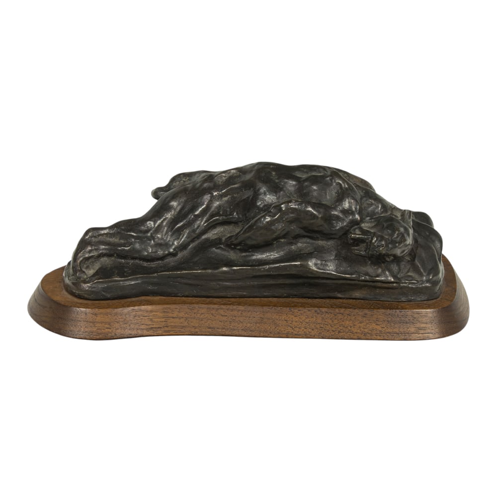 Sculpture, Arthur Putnam: Arthur Putnam (American, 1873-1930), "Saber Tooth Tiger," bronze sculpture, signed, titled and dated on bronze base, bronze: 3"h x 9"w x 3.5"w, overall (with wooden base): 4"h x 10.75"w x 4.5"w