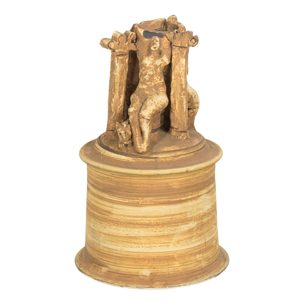 Sculptural vessel, Viola Frey: Viola Frey (American, 1933-2004), Vessel with Figures, ceramic, unsigned, overall: 20"h x 13"w x 13"d