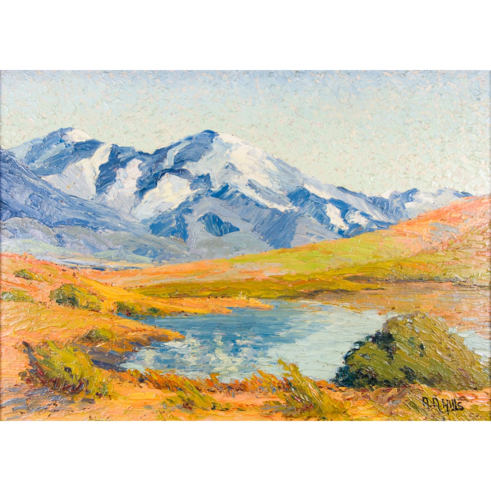 Painting, Anna Althea Hills: Anna Althea Hills (American, 1882–1930), Sierra Reflection, oil on board, signed lower right, board: 10"h x 14"w, overall (with frame): 15.5"h x 19.5"w
