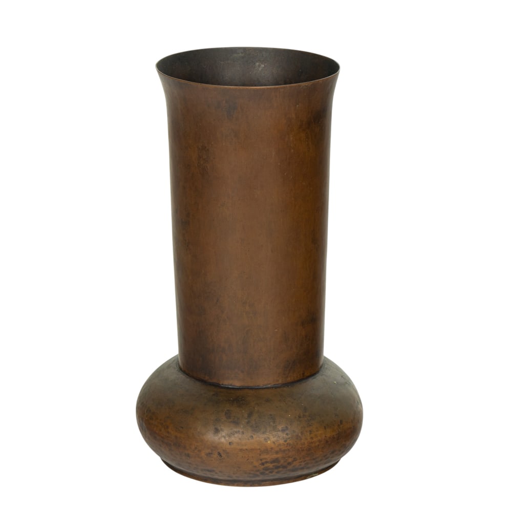 A Dirk van Erp hammered copper vase: A Dirk van Erp hammered copper vase, with closed box and ghost of D'Arcy Gaw, 10.5"h x 6"w
