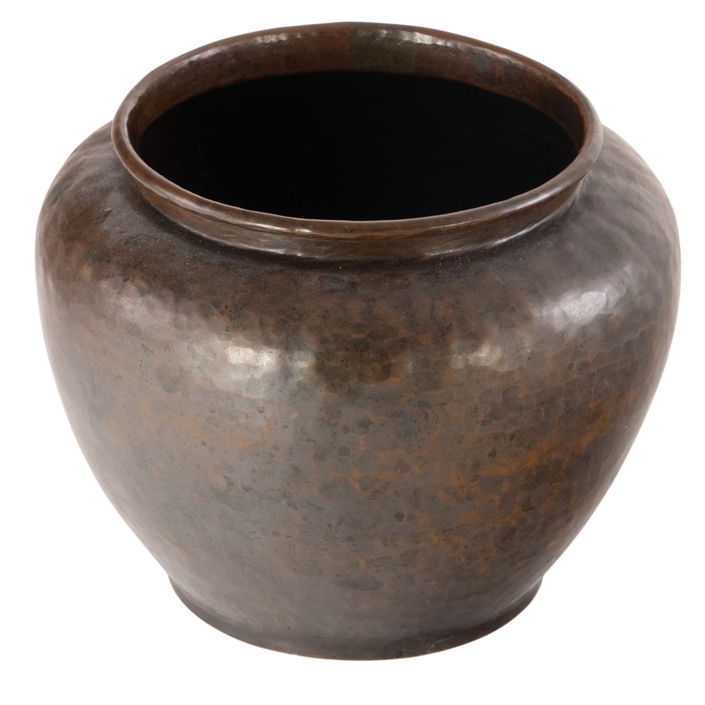 A Dirk van Erp hammered copper vase: A Dirk van Erp hammered copper vase, open box windmill mark, 5"h