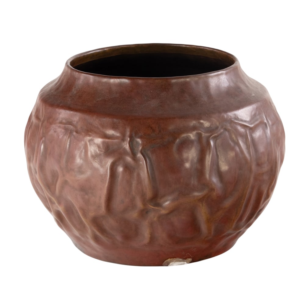 A Michael Adams hammered copper warty or wrinkle vase: A Michael Adams hammered copper warty or wrinkle vase, stamped Aurora Studios mark, incised 'Study No. 2, 3 of 8', 5.25"h x 7"dia