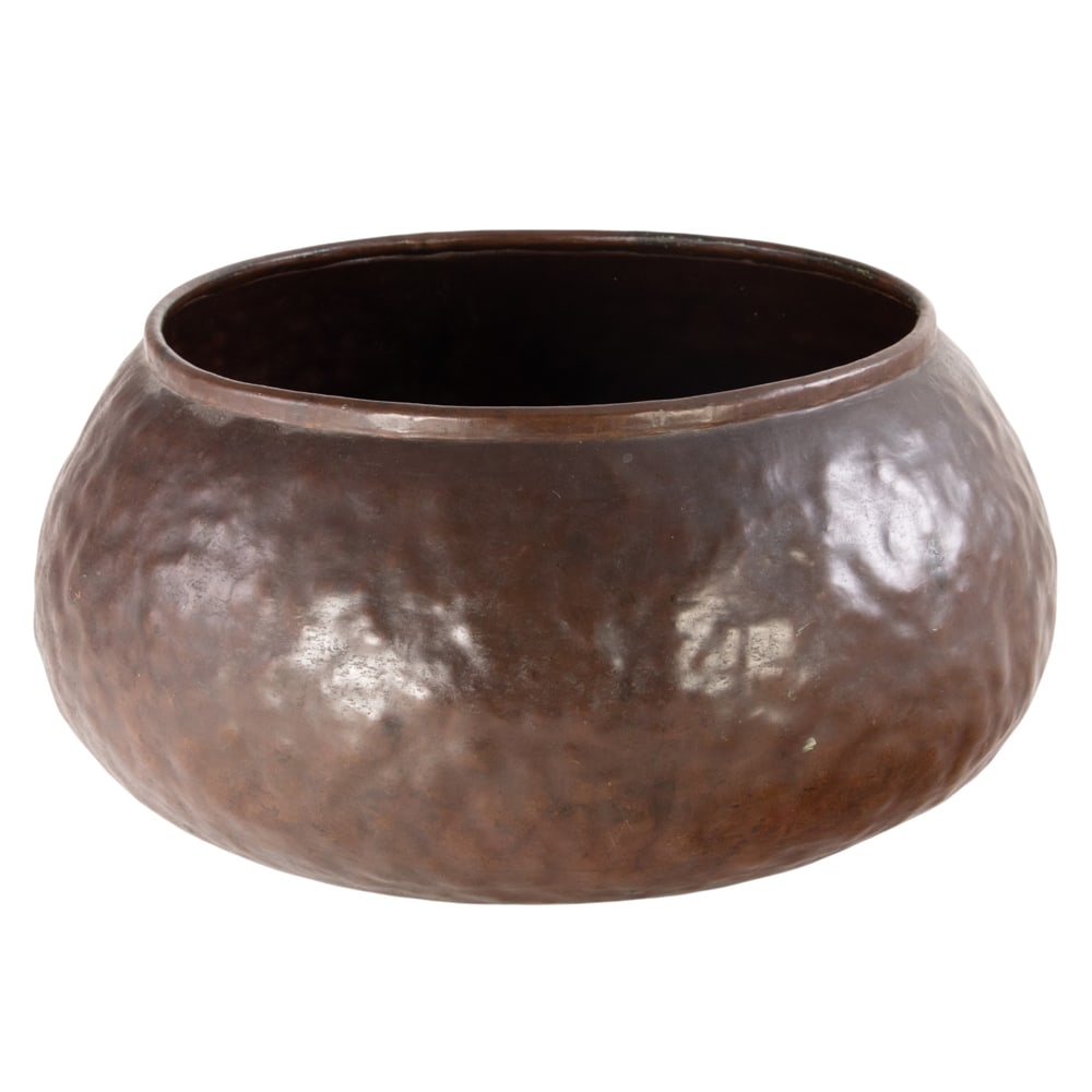 A Dirk van Erp and Elizabeth D'Arcy Gaw hammered copper red warty bowl: A Dirk van Erp and Elizabeth D'Arcy Gaw hammered copper red warty bowl, stamped closed-box windmill mark with artist names, 5.75"h x 12"dia