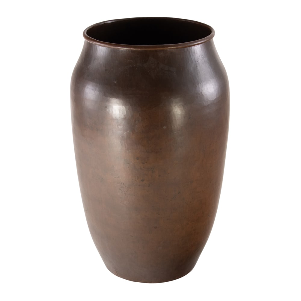 A Dirk van Erp hammered copper vase: A Dirk van Erp hammered copper vase, open windmill mark over San Francisco, 12"h
