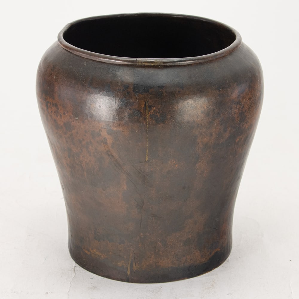 A Dirk van Erp hammered copper vase: A Dirk van Erp hammered copper vase, stamped open box windmill mark, 7"h