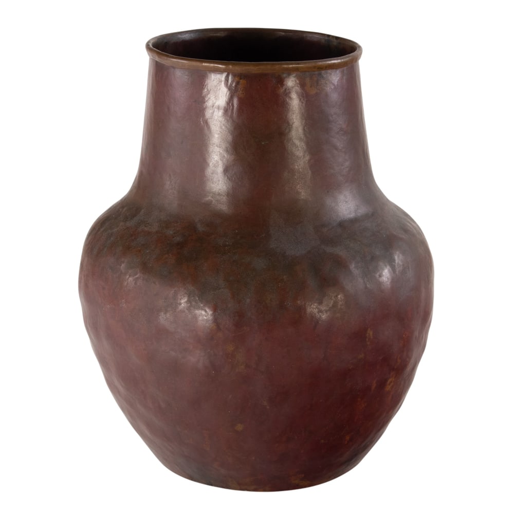 A Dirk van Erp hammered copper red warty vase: A Dirk van Erp hammered copper red warty vase, closed box windmill mark, 7.5"h