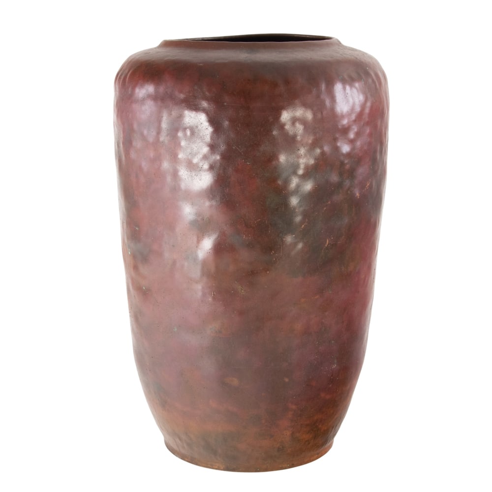 A Dirk van Erp hammered copper red warty vase: A Dirk van Erp hammered copper red warty vase, open box mark over San Francisco, (drilled), 10.75"dia