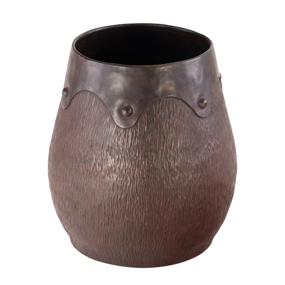 An Audel Davis hammered copper presentation vase: An Audel Davis hammered copper presentation vase, 2014, applied presentation plaque 'THANK YOU ROGER, DISPLAY AND CATALOG GROVE PARK, 2014, AUDEL DAVIS', incised signature, 7"h