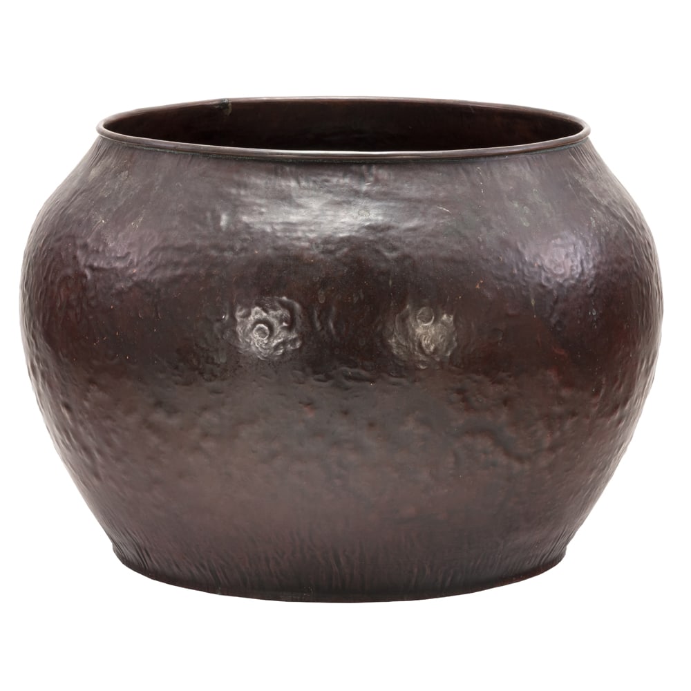 A large Michael Adams hammered copper warty jardiniere: A large Michael Adams hammered copper warty jardiniere, 2001, stamped Aurora Studios mark, incised 'Michael Adams, Aurora Studios, 13 Feb. 2001, 13"h x 18"dia