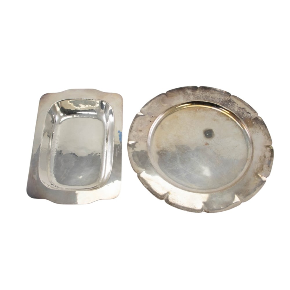 Two Dirk van Erp silver plated articles: Two Dirk van Erp silver plated articles, comprising large shaped rectangular open bowl, 13.75"l and a petal edge charger, 15.5"dia