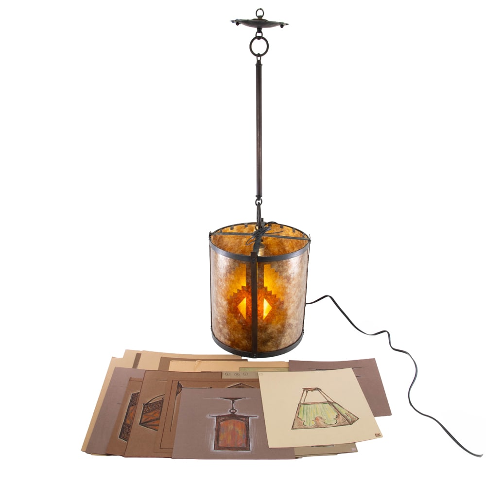 A hammered copper and stenciled mica hanging fixture by Arnold Benetti, San Francisco: A hammered copper and stenciled mica hanging fixture by Arnold Benetti, San Francisco, complete with hammered copper and stone Southwest hanging elements, together with approx 17 original hand drawn