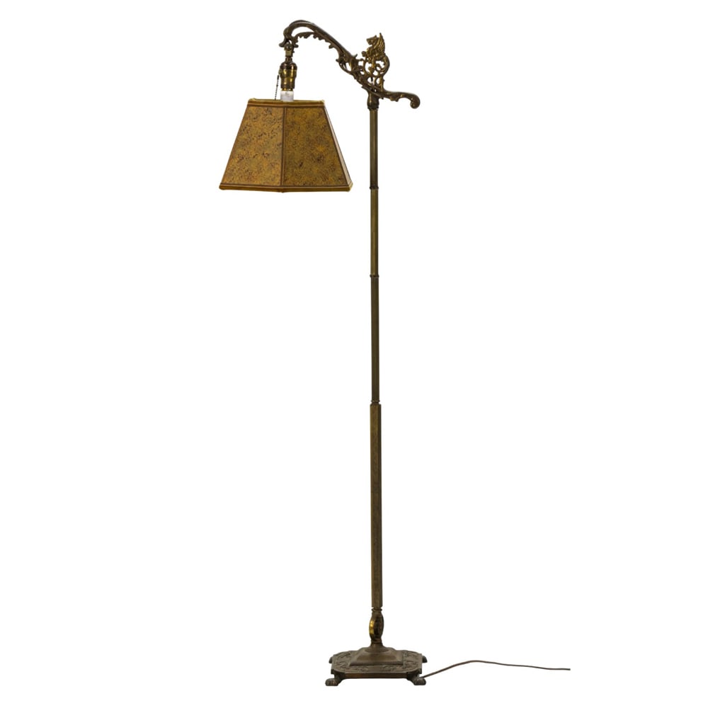 An Arts and Crafts bridge lamp: An Arts and Crafts bridge lamp, 57"h x 8.5"sq (overall); 51"h (electrical fixture)