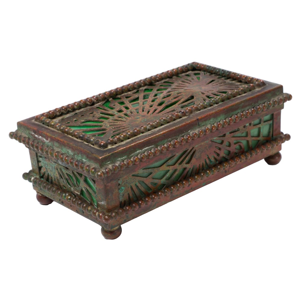 A Tiffany Studios patinated bronze and slag glass stamp box in the Pinecone pattern (1 of 3)