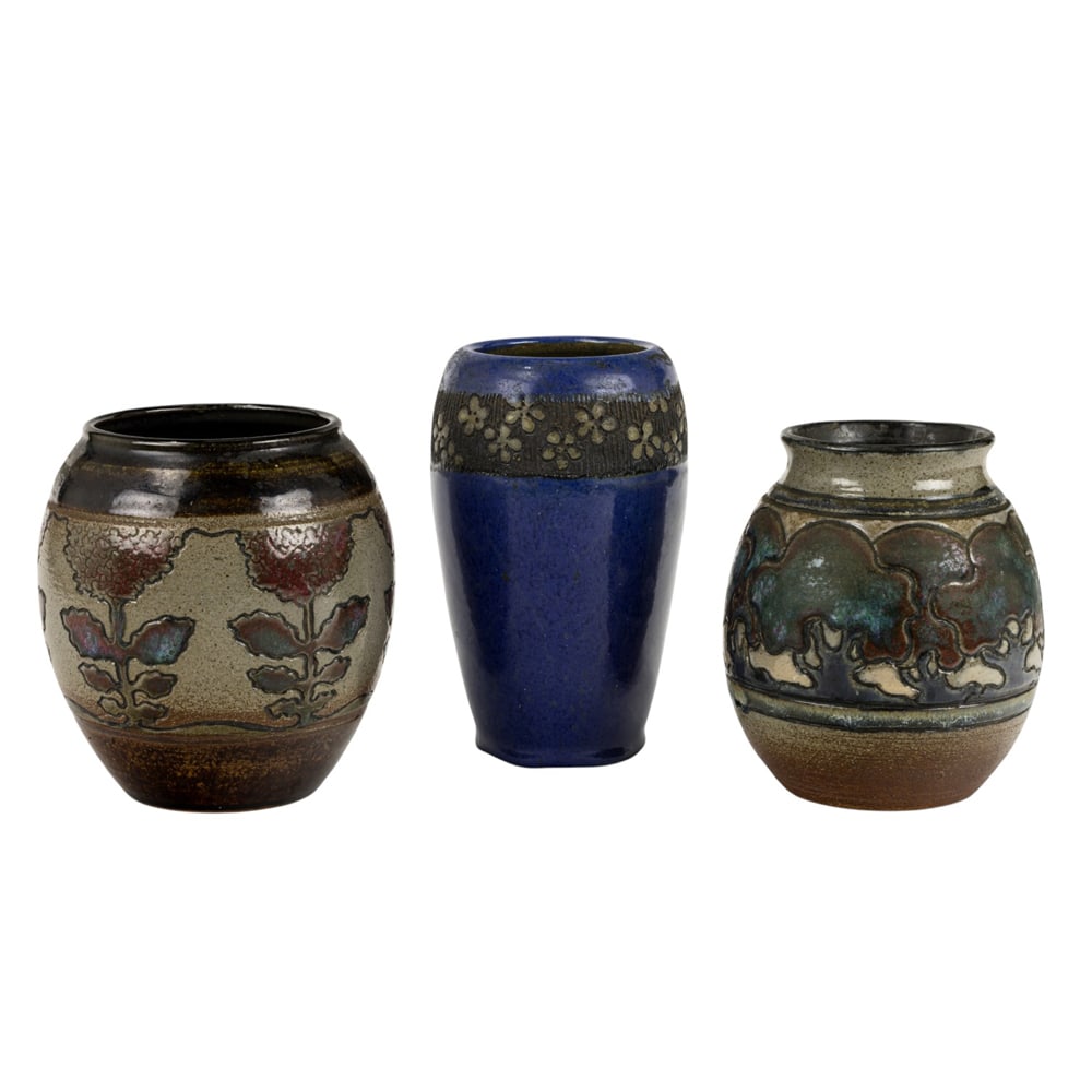An Arts and Crafts Art Pottery group: An Arts and Crafts Art Pottery group, each hand thrown vessel incised floral decoration, largest 7"h [4 total]