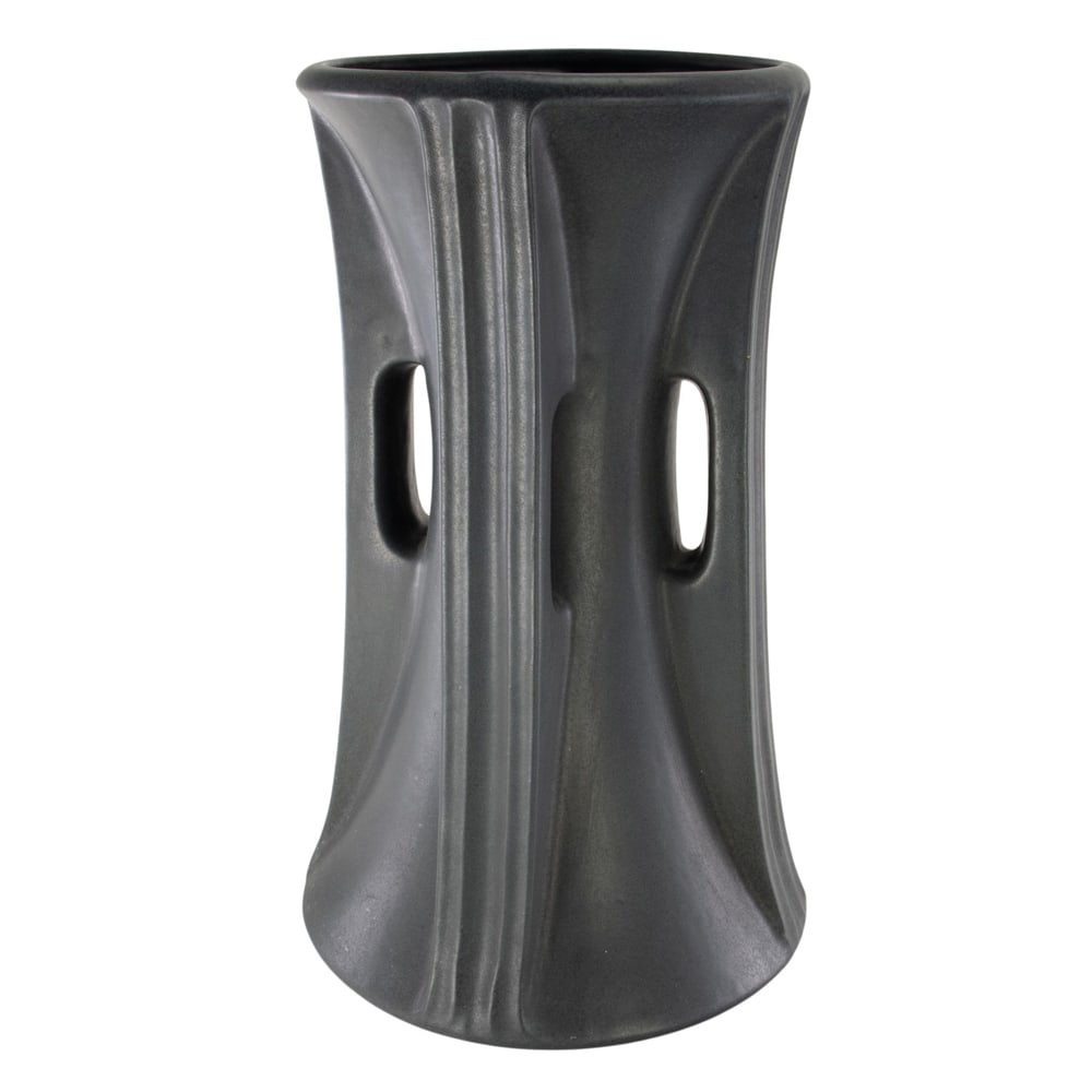 A rare and massive Teco Pottery floor vase: A rare and massive Teco Pottery floor vase, of corseted form with four buttressed handles, steel blue matte glaze, impressed Teco mark, 17.5"h x 11"dia
