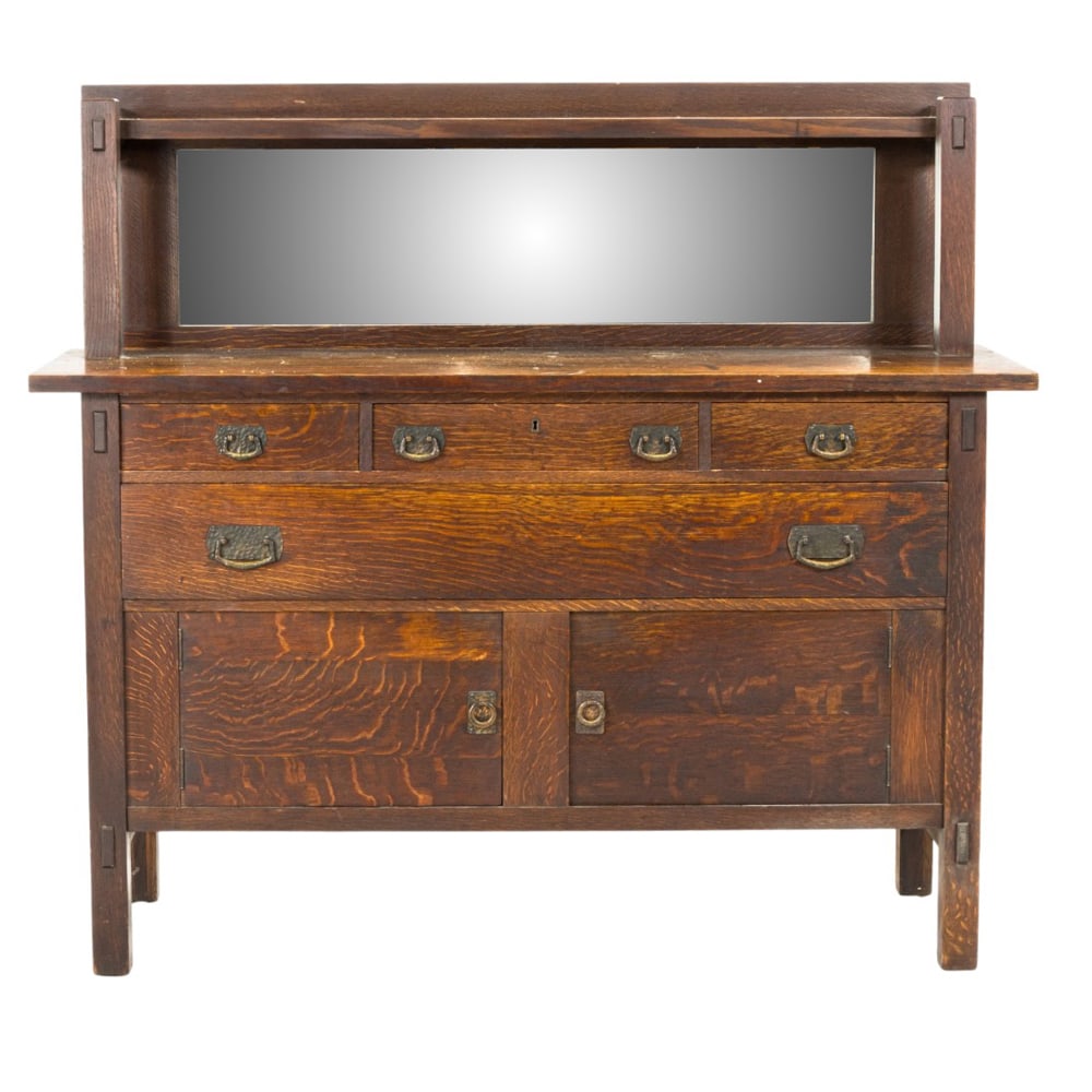 A Lifetime Furniture Arts and Crafts sideboard with mirror model #5272: A Lifetime Furniture Arts and Crafts sideboard with mirror model #5272, having four drawers over two doors, through tenon construction, and retains original hardware, 54.5"h x 60"w x 23"d