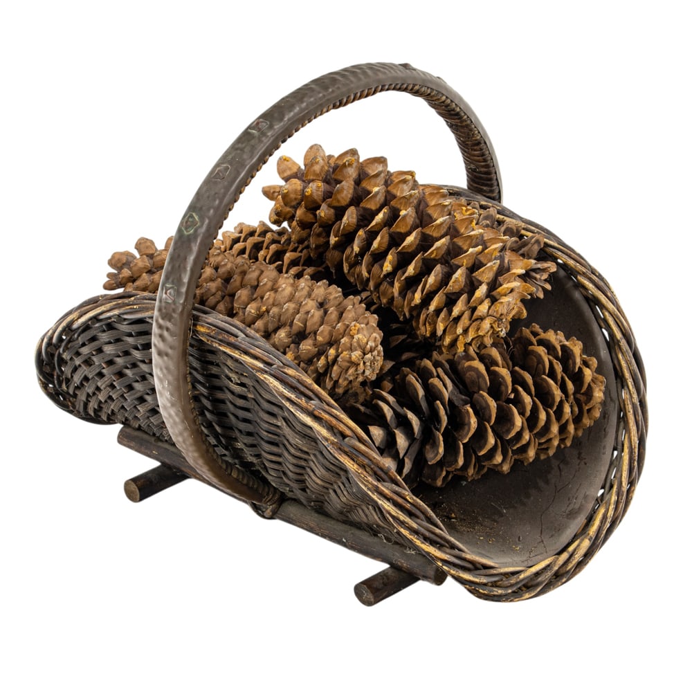 A Dirk Van Erp hand wrought copper and willow fire wood holder, 21: A Dirk Van Erp hand wrought copper and willow fire wood holder, 21.5"h x 20"w x 24..5"d