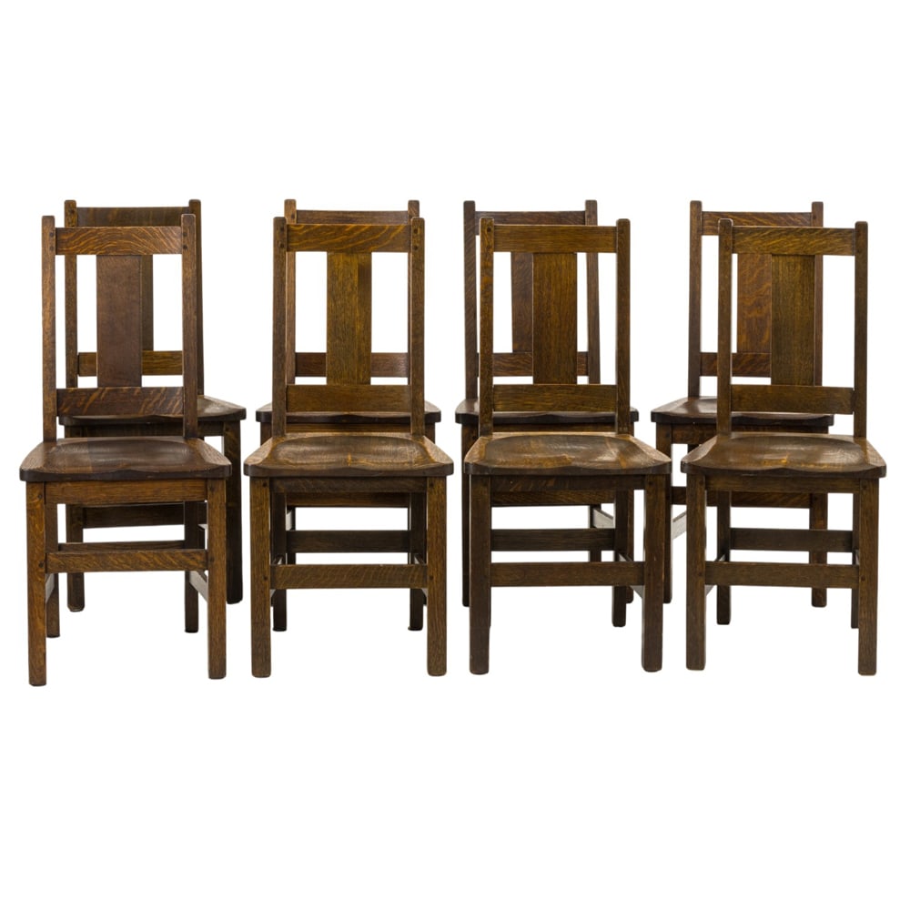A set of eight Arts and Crafts Limbert T back dining chairs (1 of 6)